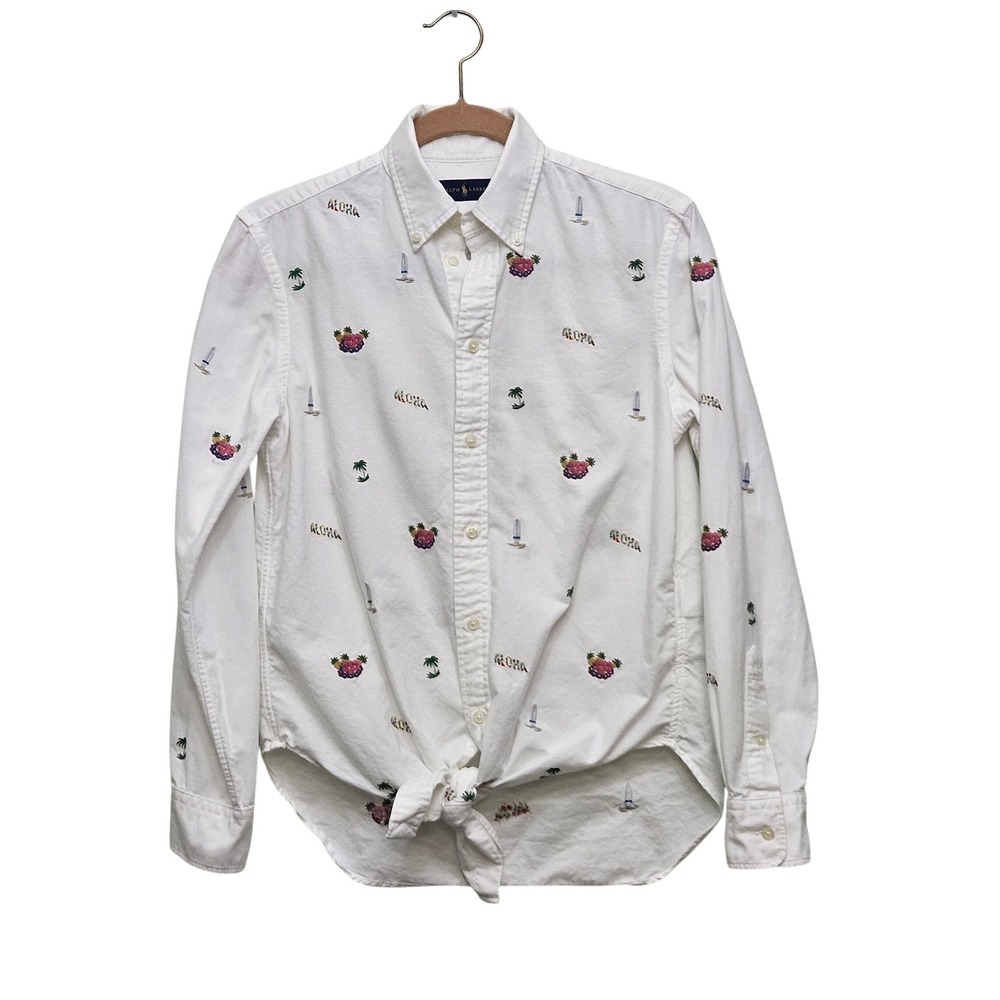 Ralph Lauren Button Down Shirt Women Small White Aloha Tropical Tie Front Shirt